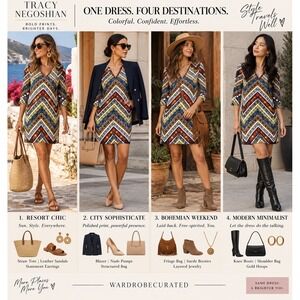 Tracy Negoshian Dress Womens XS Geometric Chevron Print Shift 3/4 Sleeve V-Neck